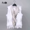 28 Colors Women Genuine Real Rabbit Fur Vest Coat Tassels Raccoon Collar Jacket Waistcoat Wholesale Drop VR032 211220