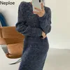 NAPOE MAXI Elbiseleri Kadınlar Için Kore Chic Örme Vestidos O-Boyun Uzun Kollu Robe Kış Giysileri Sıcak Kazak Elbise Kadın 210422