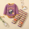2021 Halloween Full Sleeve Two Piece Baby Boys Clothes Cartoon Halloween Print Long Sleeve Romper and Stripe Long Pants 0-24m G1023