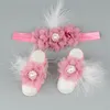 Yundfly Boutique Chiffon Flower Headband with Barefoot Sandals Soft Feather Barefoot Shoes Baby Girls Gift 2501 Q2