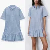 Za Blue Striped Ruffle Mini Dress Women Short Sleeve Button Up Casual Retro Dresses Woman Fashion Patch Pockets Vestidos 210602