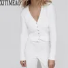 ZA femmes blanc Mohair bouton solide tricoté Cardigan pull Slim Fit col en v à manches longues dames mode automne 211007