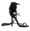 Robe chaussures bout ouvert sangle unique mince sandales à talons hauts noir plume spectacle élégant banquet femmes cuir cheville