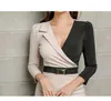 Korean Contrast Color Patchwork Pencil Dress Women Spring Business OL es Fitted Sheath Vestidos 210519