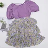 Summer Feule Sleeve Top violet + Jupe longue à niveau à forets 2pcs Robes pour enfants Vêtements Ensembles pour filles 210528