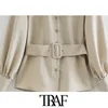 TRAF femmes mode avec ceinture dos plissé Blouses Vintage lanterne manches boutonnées femmes chemises Blusas Chic hauts 210415