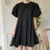 Sommar Kvinnor Vintage Loose High Waist Slim var tunn Elegant Folds Puff Sleeve O-Neck Mini Dress Za4580 210510