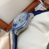 38mm Fashion Brand Genuine Leather Clock Full Diamond Blue CZ Dial Watch Butterfly Moving Flower Wristwatch Lady Watches AAA+