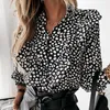 Elegante Polka Dot Ruffle Blouse Shirts Dames Herfst Lange Mouw V-hals Pullover Tops Office Lady Casual Button Plus Size Blusa 210514