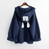 Women Hooded Cardigan Sweater Cartoon Applique Loose Medium-long Knitwear Coat Autumn Winter Knit Open Stitch 210422