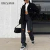 Aberyamee mulheres rasgadas jeans casuais 90s compridas calças de alta rua senhora moda outwear botão sólido bolsos bf calças folgadas 211129