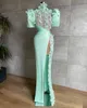 Menta verde pescoço de noite vestidos com manga 3d floral sexy slit sereia africano aso ebi recepção vestido de celebridade vestido desgaste