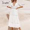 Casual Algodão Costura Bordado Maxi Bohemian Verão Branco Manga Curta Mulheres vestido de praia Sexy V-pescoço Vestidos 210414