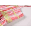 Vintage koreanska spaghetti strap klänning kvinnor sommar mode rosa pläd ärmlös oäpless hög midja kvinnliga klänningar 210515