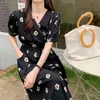 Black V-Neck Florals All Match Slim Sexy Prom Femme Chic Gentle Printing Flowers Streetwear Long Dresses Vestidos 210525