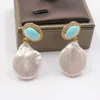 Guaguai Bijoux Freshwater Culture Blanc Keshi Coin Perle Bleu Turquoise Cz Pave Dangle Boucles d'oreilles Style de bureau pour femmes