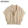 KPYTOMOA Kadınlar 2020 Moda Button-Up Rahat Kırpılmış Bluzlar Vintage Kolsuz Elastik Hem Kadın Gömlek Blusas Chic Tops Y0505