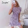 Simplee Casual Estampado de volantes Vestido de verano Mujeres Manga corta hinchada Una línea Vestidos cortos Damas Vestido de oficina púrpura elegante 210331