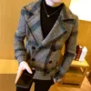 디자이너 남자 모직 자켓 겨울 더블 가슴 윈드 브레이커 패션 레트로 타르탄 재킷 맨 슬림 핏 짧은 재킷 트렌치 5x