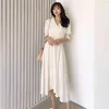 Maxi Long Dress for women white korea Sleeve notched Boho Sundress Ladies formal elegant Loose Party Dresses 210602