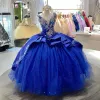 Bleu royal 2022 Robes de quinceanera V Courts perles de cou Sans manches corset CORSET broderie dentelle appliques paillettes Sweet 16 Robe de bal de bal Made personnalisée