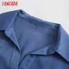 Fashion Women Blue Satin Shirt Long Sleeve Office Ladies Mini Dress with Bow 5Z31 210416