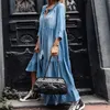 Casual Dresses Women Autumn Solid Denim Maxi Dress 2021 Elegant V Neck Lady Long Vintage Three Quarter Sleeve Party Vestidos