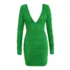 Summer Green Mesh Pleated Sexy Tight Dress Fashion Long Sleeve V-Neck Mini Pure Color Club Party 210525