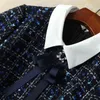 Fashion Designer Navy Blue Plaid Bow Tie Tweed Dress Autumn Winter Women Long Sleeve Diamonds Button Vintage Woolen Short Dress 22151T