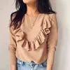 Lange mouw elegante vrouwen blouses dame kantoor werk ruches O-hals Khaki shirts Tops witte zwarte herfst winter blusas 210522