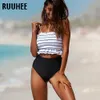 RUUHEE Swimsuit Women Shirred Bandeau Bikini Set Swimwear High Waist Ruffle Printed Bathing Suit Beach Wear 210629