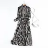 Kobiety Summer Sukienka Z Długim Rękawem Styl Moda Vintage Proste Zebra Wzór Party Midi Sukienka Kobiety Vestidos z Slash 210422