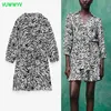 Vuwwwyv Sukienki Dla Kobiet Biały Czarny Zwierząt Print Ruched Ruffle Mini Dress Kobieta Z Długim Rękawem Elastyczna Talia Łuk Knot Vestidos 210430