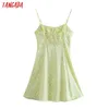 Tangada Women Green Flowers Print Short Sundress Strap Adjust Sleeveless Korean Fashion Lady Dresses Vestido 3H318 210609