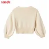 Tangada Women Beading Buttons Beige Crop Cardigan Vintage Jumper Short Style Knitted Cardigan Coat 6H32 210609