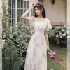 Süße Vintage Midi Kleid Frauen Casual Kurzarm Elegante Spitze Foral Kleid Weibliche Abend Party Chic Kleid Koreanische 210521