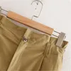 Kadın Haki Pamuklu Paperbag Pantolon Moda Streetwear Cepler Pileli Bel Pantolon Bayanlar Rahat Uzun Pantalon 210515