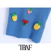 Traf Women Fashion Patchwork Fruit Fruit Haftowe Topy Tank Vintage V Szyf