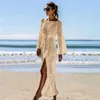 Sexig ihålig ut stickad strand klänning kvinnlig flared ärmar tunika split sheer robe hakan täcker upp kvinnor baddräkt täcker 210604
