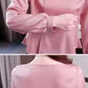 韓国のシルク女性のブラウスシャツランタンスリーブシャツ女性サテンブラウストップスプラスサイズフリルトップXXL 210427