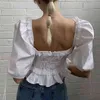 Casual Blanc Lace Up Blouse Chemises Femmes Été Dos Nu Volant Crop Tops Puff Manches Vintage Blusa Mujer Chic 210427