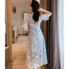 Blue Lace Dress Woman Summer Puff Sleeve Hollow Out Vestido Runway Design Mid-calf Dresses Female Short Party 210603