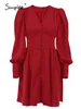 V-neck buttons pleated puff sleeves mini party dres Long sleeve frills A-line vestido Elegant high waist dresses 220311