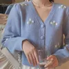 Цветочные вышитые вязаные кардиганские женщины мода свитер негабаритные винтажные V-образным вырезом с длинным рукавом верхняя женская верхняя одежда CHIC 211011