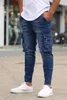 Jeans flacos para hombre con múltiples bolsillos y cremallera estiramiento decorativo rasgado para hombres hombre ropa ciclista pantalones
