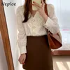 Korean Court Style Elegant Blouse Women V Neck Lace Patchwork Ol Teperament Blusas Hook Flower Long Sleeve Shirt Femme 210422