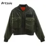 Artsnie Autumn Bomber Jacket Women Army Green Warm Zipper Pockets Winter Coat Female Jacket Parkas Femme Chaqueta Mujer 210722