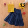 Dzieci Baby Girl Ubrania Zestaw 2021 Lato Dzieci Solidna Kolor Ruched Cami Crop Top + Wzburzyć Dżinsowe Spódnice Casual Girls Stroje