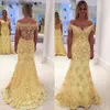 2022 Gul Lace Prom Klänningar En Linje Guld Applique Formal Evening Party Gowns Vestido de Fiesta Party Wear