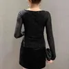 Bahar Güz Kore Tarzı T-Shirt Kız Moda Seksi Örtü Elmaslar Patchwork Mesh Oturgunluk Pamuk Kadın Tees T11405A 210421 Tops